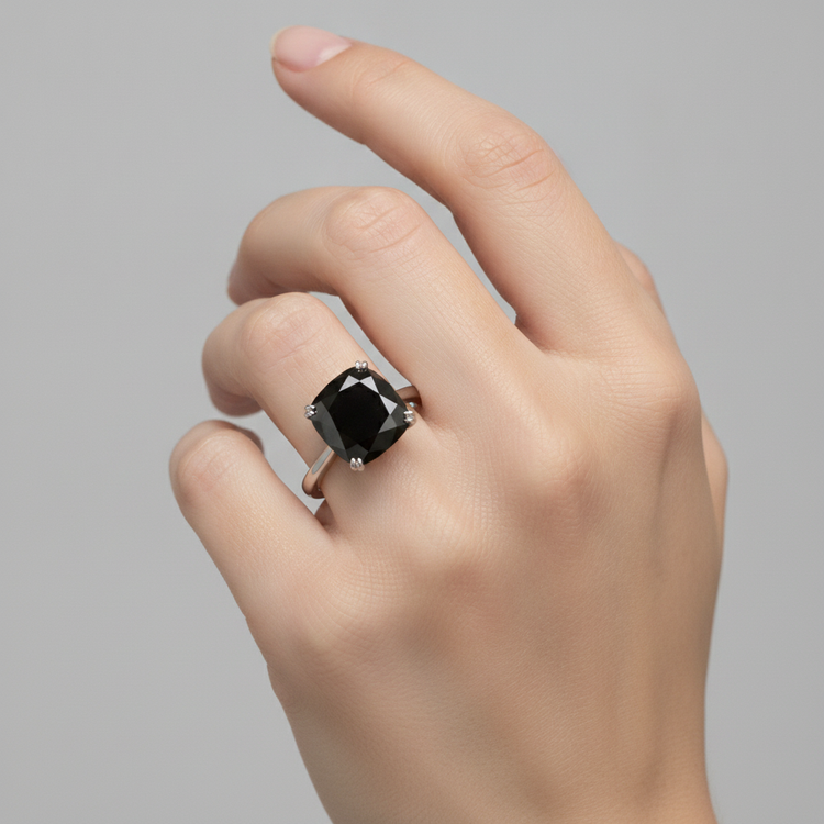 Bague de mariage solitaire cathédrale en Or Blanc 14 carats avec diamant noir véritable taille coussin de 5 carats
