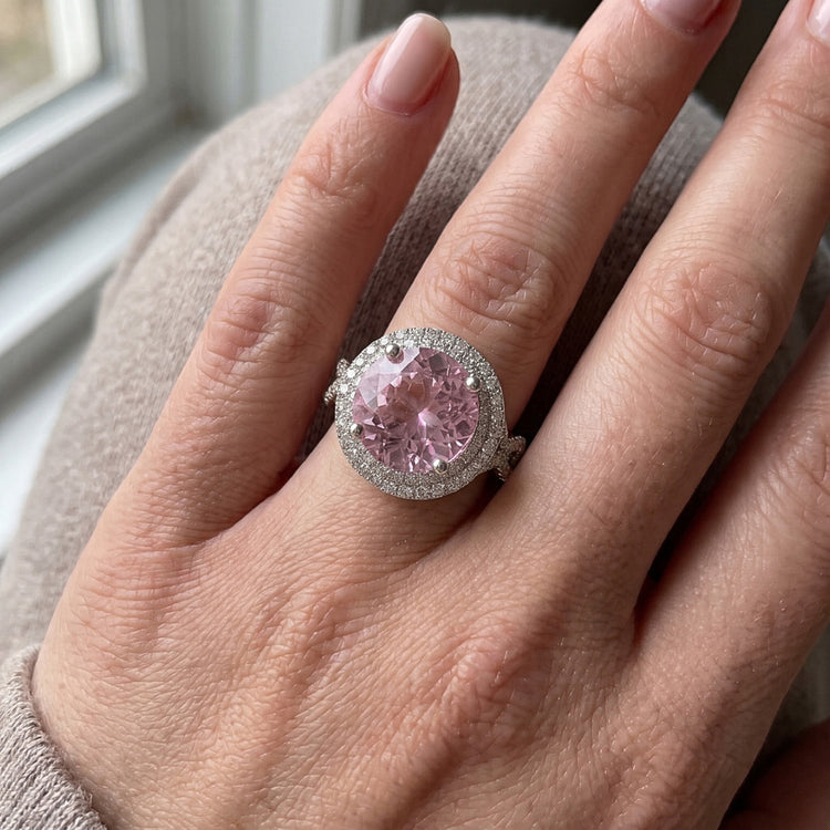 11.10 Carats Bague Kunzite Ronde Et Diamants Or Blanc 14K