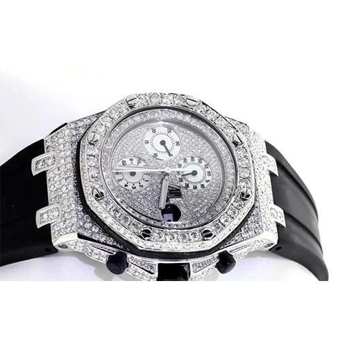 12 ct. Montre pour hommes avec lunette en diamant personnalisée Ap Bracelet en cuir noir acier inoxydable3