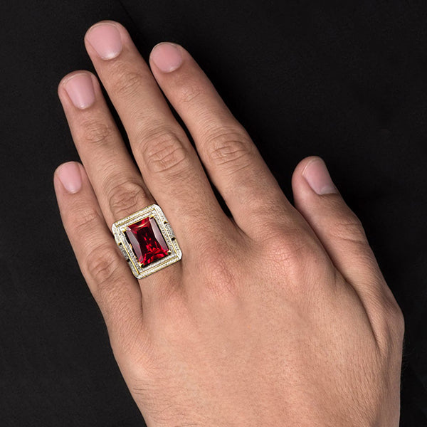 13 carats Gros émeraude Taille Rouge Bague Rubis Homme Avec Diamant Ur Jaune 14K