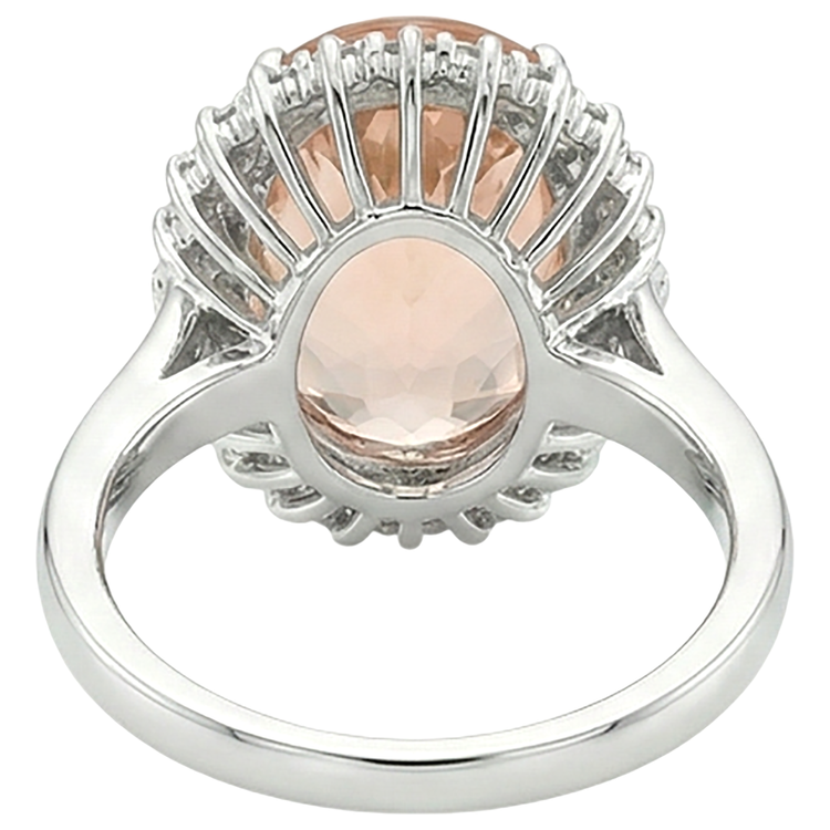 14.25 carats. Bague Big Morganite Ovale Avec Petits Diamants Naturels Extraits des Mines ( et non cultivés en laboratoire ) Or Blanc 14K