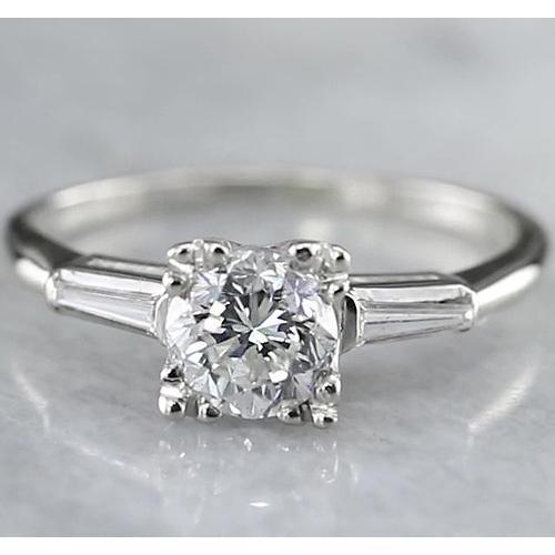 1.50 Carats Bague Trois Pierres Réel Diamant Rond Baguettes Or Blanc 14K