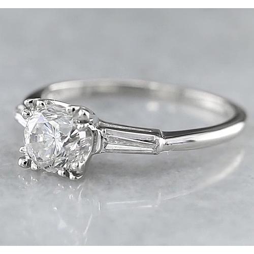 1.50 Carats Bague Trois Pierres Réel Diamant Rond Baguettes Or Blanc 14K