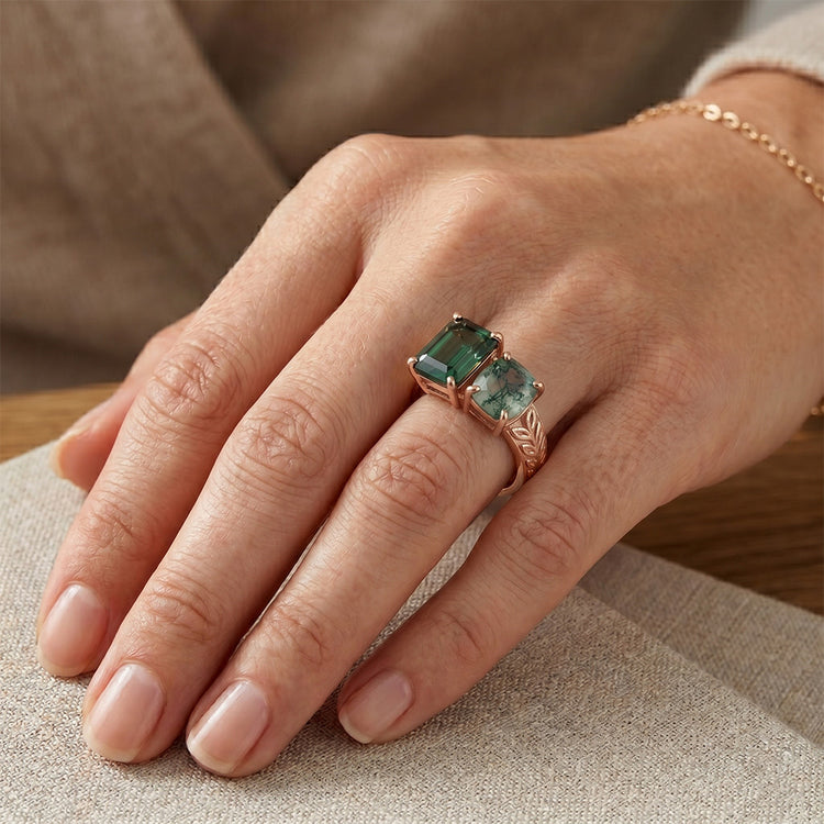 1,50 carats Dendritic Agate Bague Pierre Précieuse en Or 14K Rose