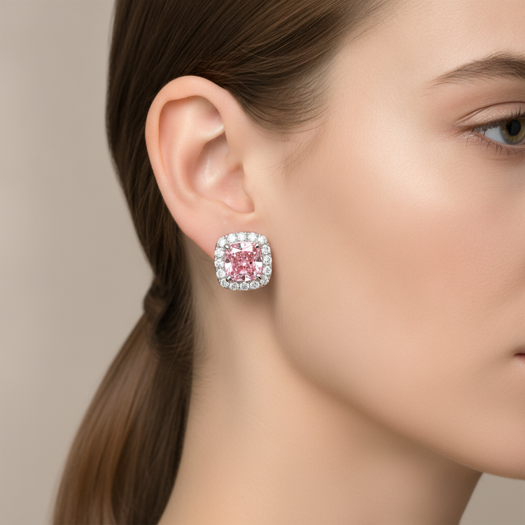 Boucles d'oreilles Halo coussin en diamant rose de laboratoire 2,5 carats en Or Blanc 14 carats