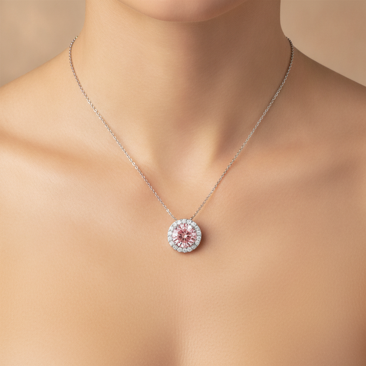 Collier Pendentif Halo Rond Diamant Rose de Laboratoire 2,5 Carats en Or Blanc 14 Carats