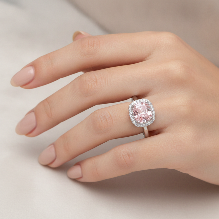 Bague en diamant rose de laboratoire 2,75 carats halo coussin en Or Blanc 14 carats