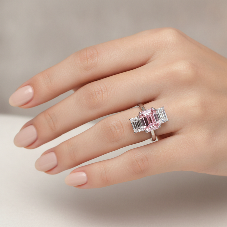 Bague Trois Pierres Diamant Rose de Laboratoire Taille Émeraude 2,75 Carats en Or Blanc 14 Carats