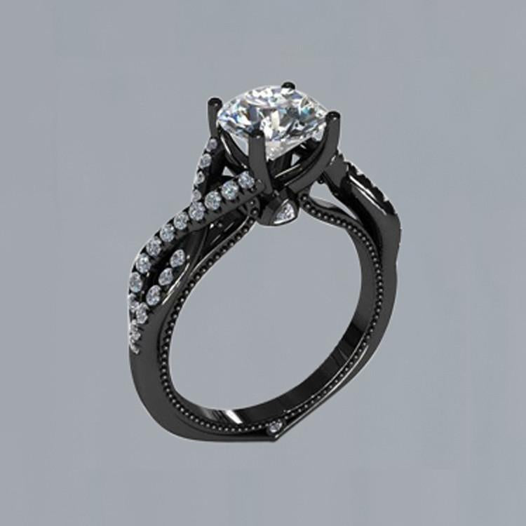 2 Carats Bague Solitaire Naturel Diamant Rond Or Noir 14K Avec Accents