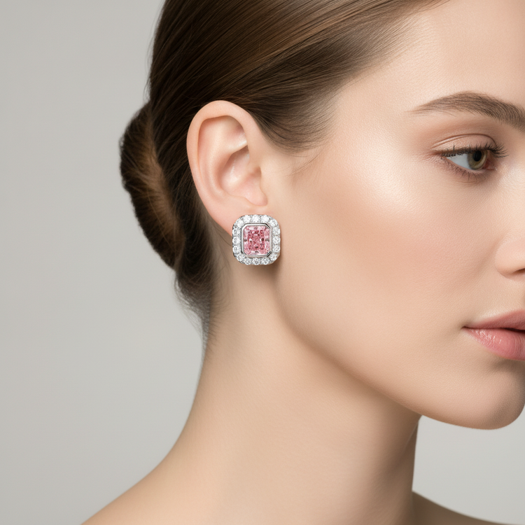 Boucles d'oreilles en diamant rose de laboratoire 2 carats taille radiant Halo en Or Blanc 14 carats
