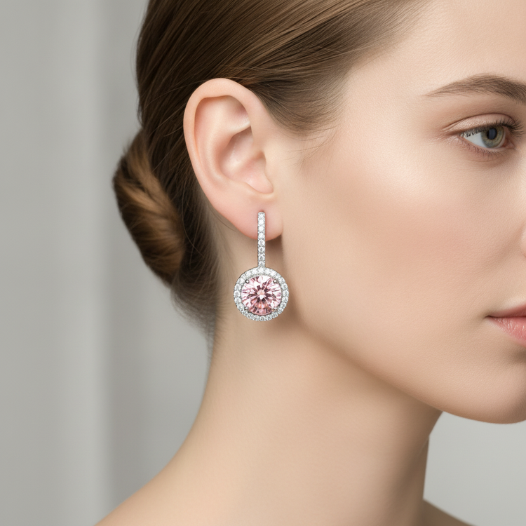 Boucles d'oreilles en diamant rose 2 carats de laboratoire Halo rond en Or Blanc 14 carats