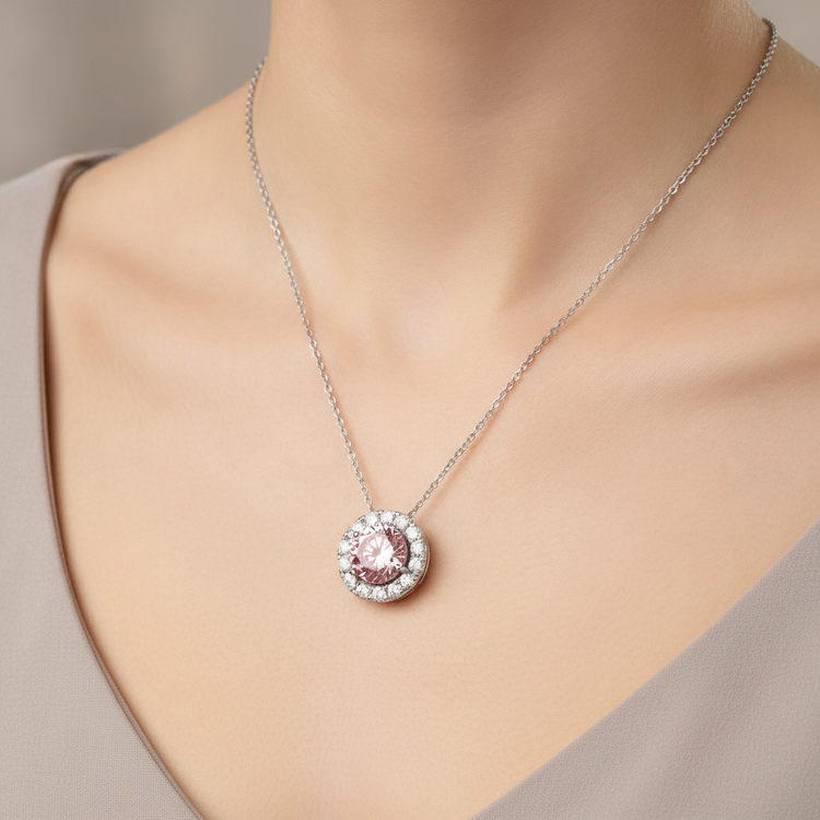 Collier Pendentif Halo Rond en Diamant Rose de laboratoire 2 Carats Or Blanc 14 Carats