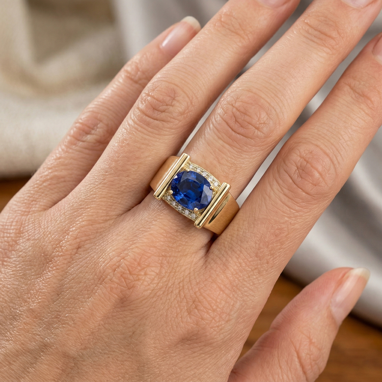 2.26 Carats Diamant Naturels Extraits des Mines ( et non cultivés en laboratoire ) Ceylan Saphir Bague Homme Bijoux Or 14K