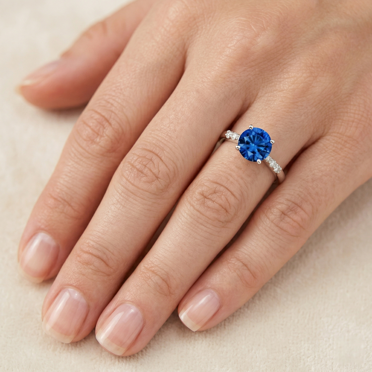 2.75 carats. Bague en diamant avec saphir rond bleu