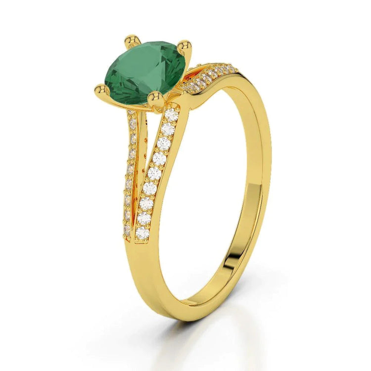 2.30 Carats Prong Emeraude Vert Avec Diamants Bague Pierre Gemme Or Jaune 14K