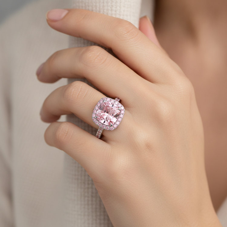 Bague de Fiançailles Diamant Rose Coussin de Laboratoire 3,25 Carats, Halo Pavé, Or Blanc 14K