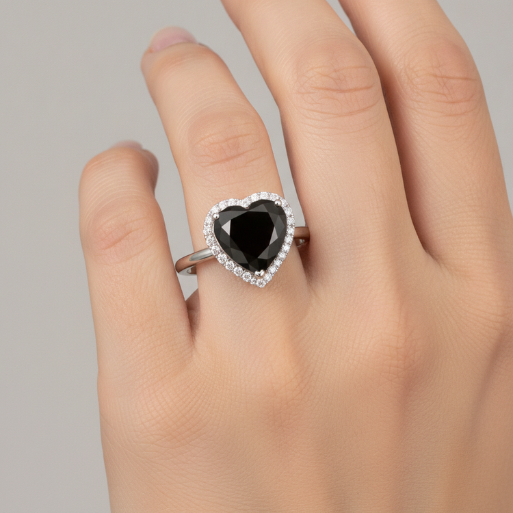 Bague de Fiançailles Diamant Noir Véritable 3 Carats Halo Cœur Anneau Simple en Or Blanc 14 Carats