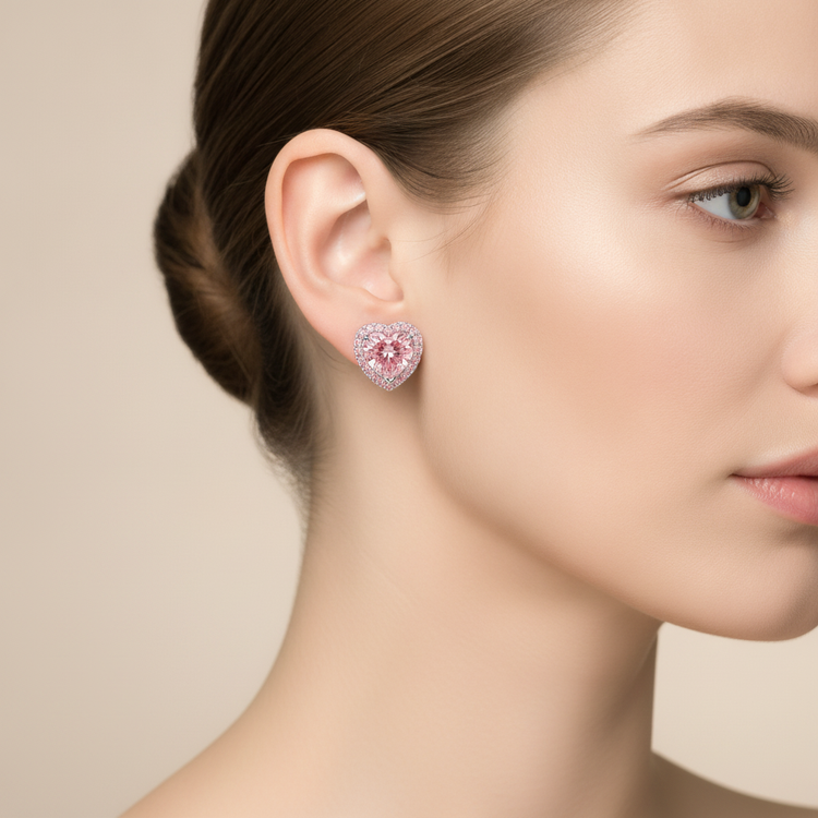 Boucles d'oreilles halo cœur en diamant rose de laboratoire 3,5 carats en or blanc 14 carats