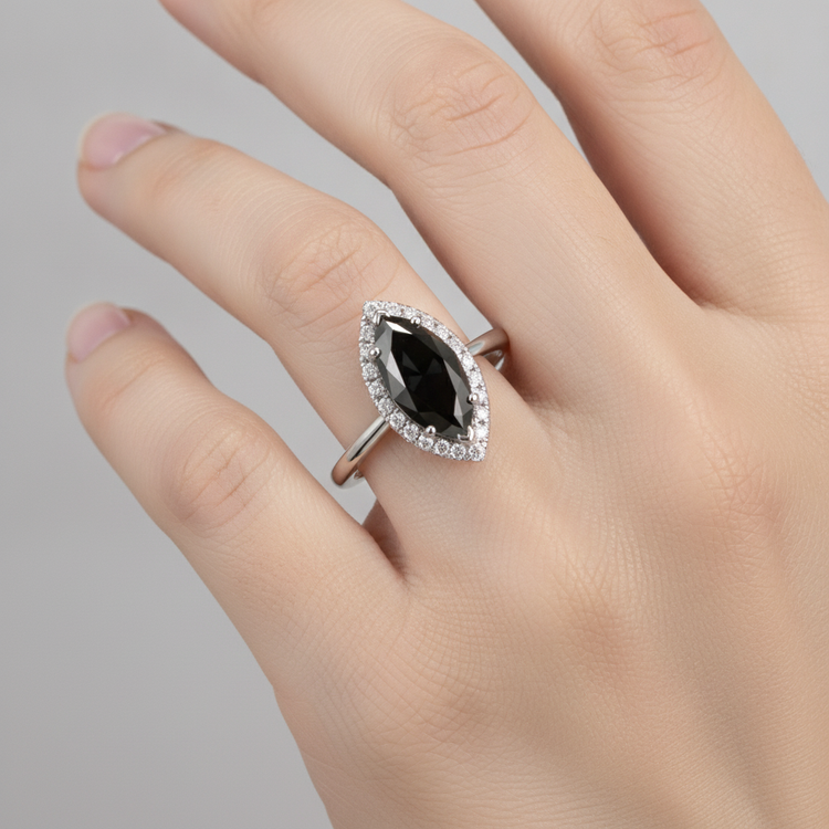 Bague en diamant noir véritable 11 carats taille marquise Halo en Or Blanc 14 carats