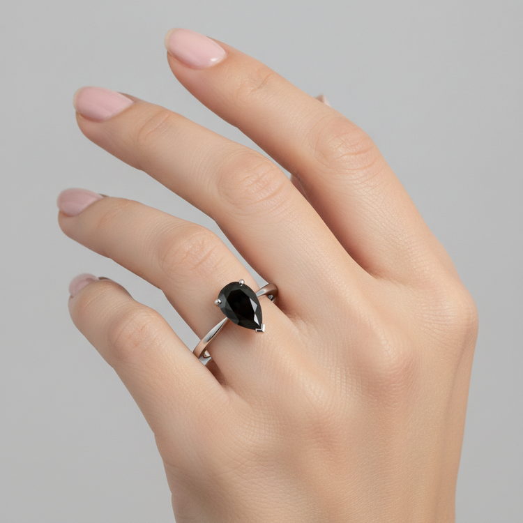 Bague de Fiançailles Solitaire Simple Diamant Noir Poire Véritable 3,5 Carats en Or Blanc 14K