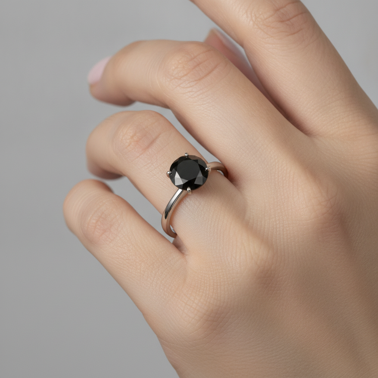 Bague de Fiançailles Solitaire Simple en Diamant Noir Véritable Rond 3,5 Carats en Or Blanc 14 Carats