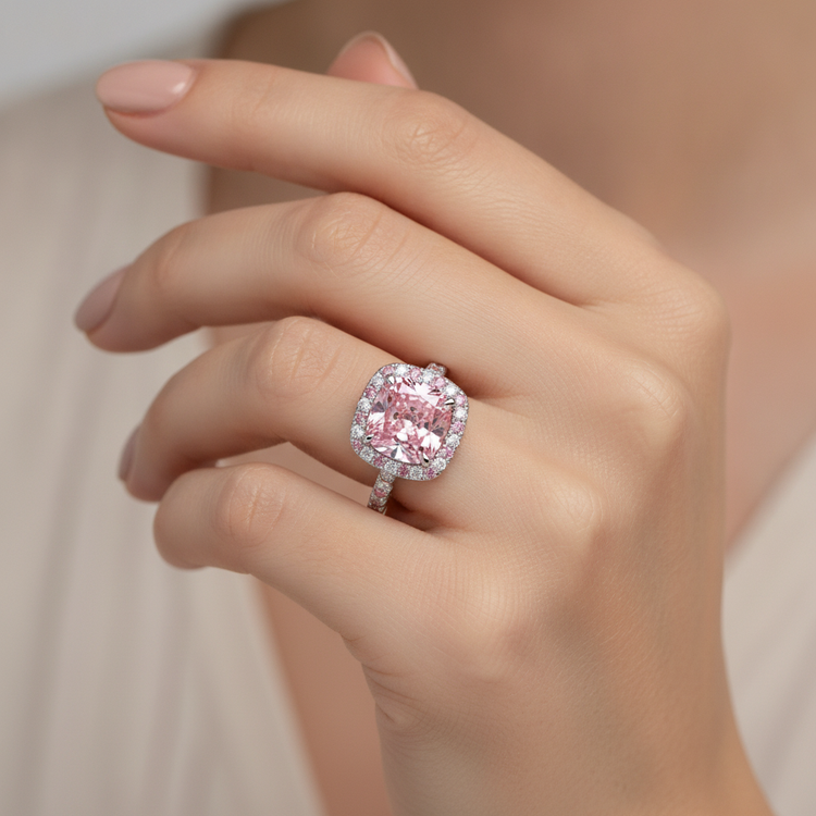 Bague Halo en Or Blanc 14 Carats avec Diamant Rose de Laboratoire Taille Coussin de 3,75 Carats