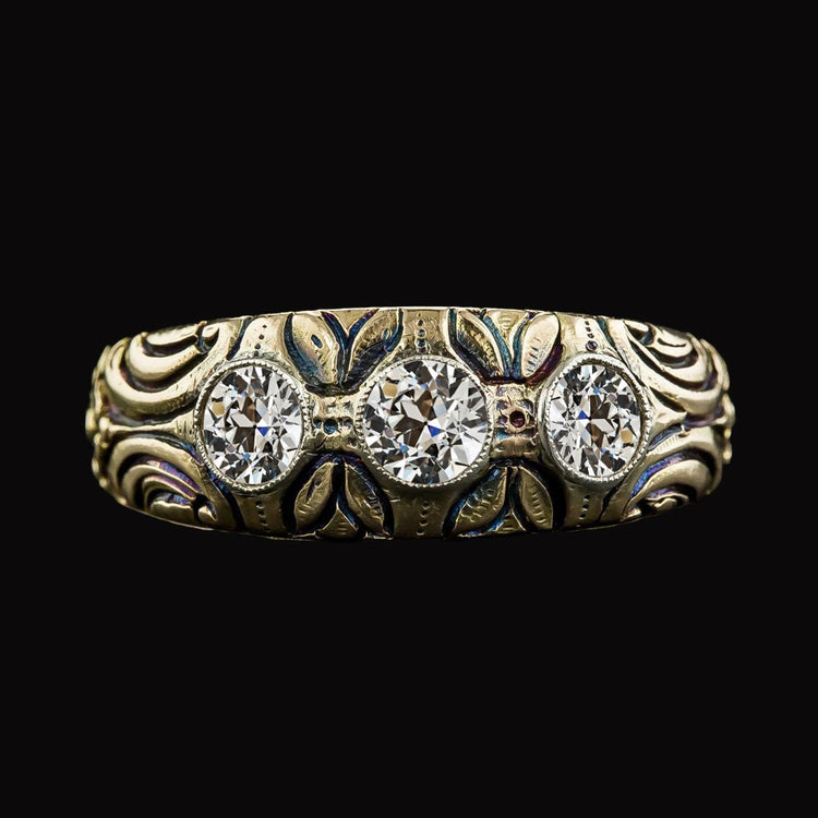 3 Carats Bande de Style Antique en Réel diamant à Trois Pierres Vieux mineur Or Jaune