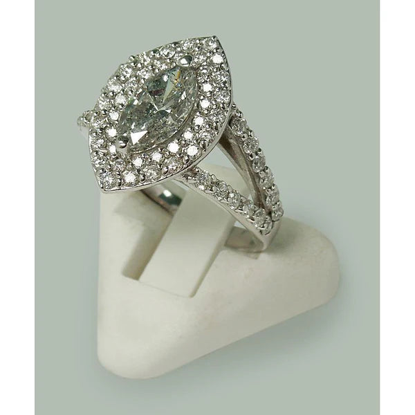 3 Carats Double Halo Marquise Réel Diamant Bague De Fiançailles Tige Fendue