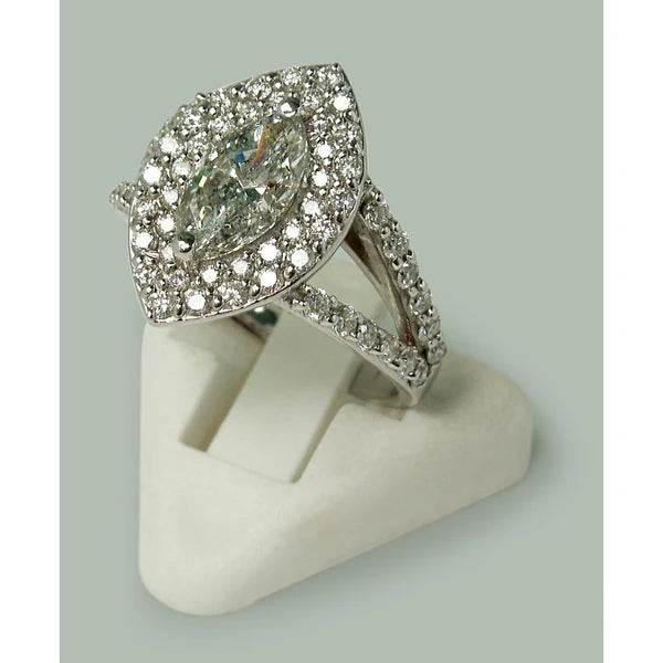 3 Carats Double Halo Marquise Réel Diamant Bague De Fiançailles Tige Fendue