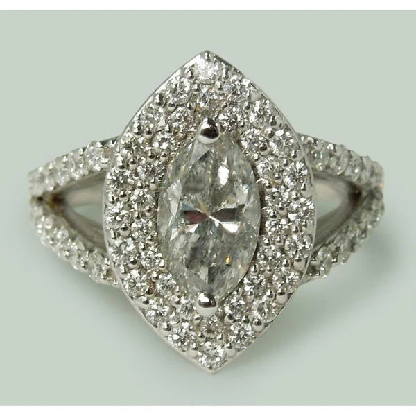 3 Carats Double Halo Marquise Réel Diamant Bague De Fiançailles Tige Fendue