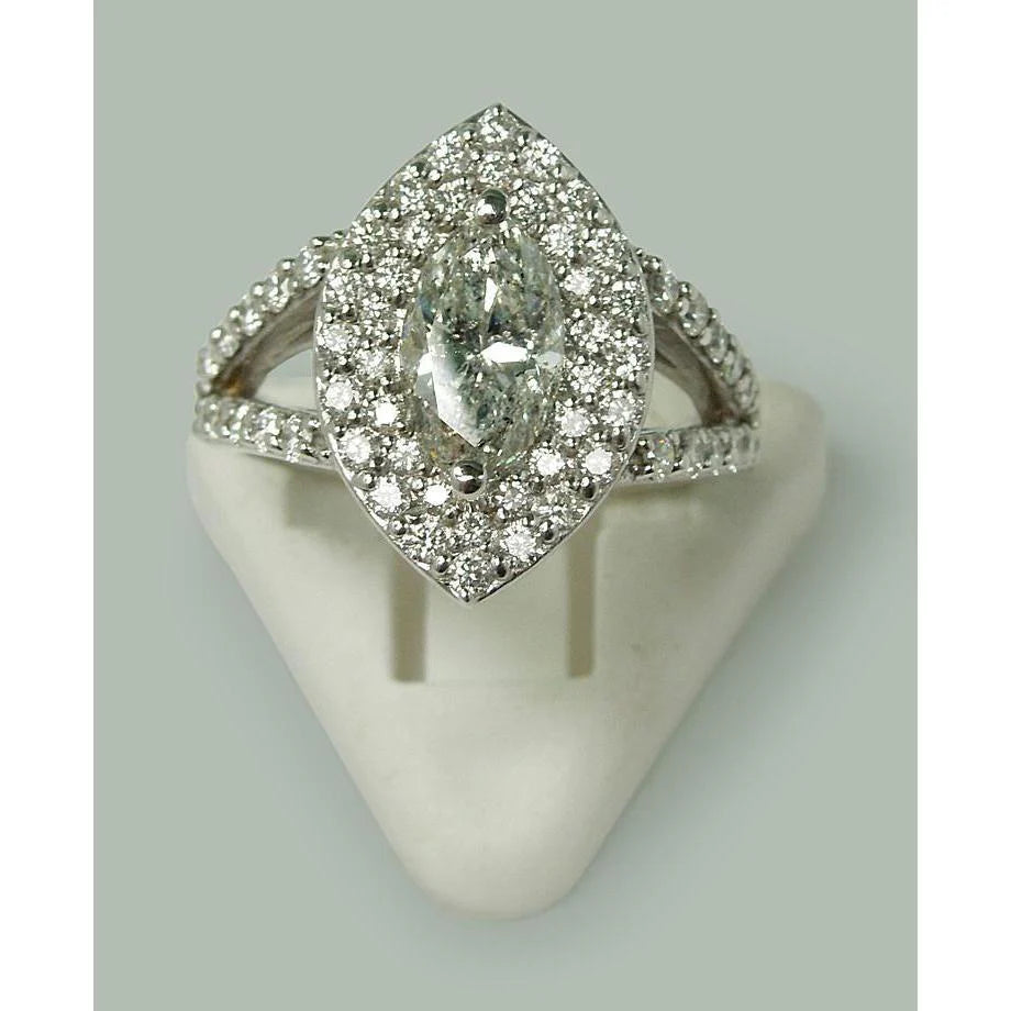 3 Carats Double Halo Marquise Réel Diamant Bague De Fiançailles Tige Fendue