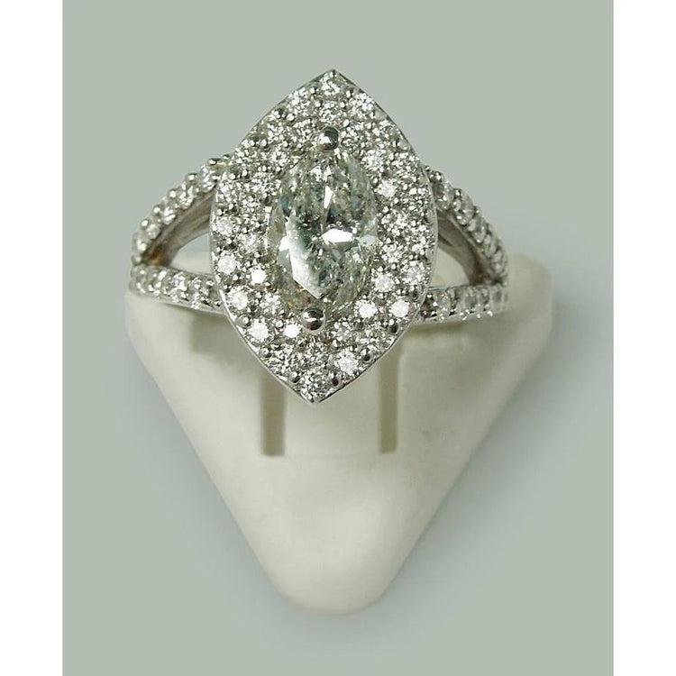 3 Carats Double Halo Marquise Réel Diamant Bague De Fiançailles Tige Fendue