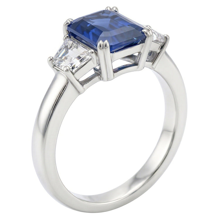 3 pierres trapèze bijoux diamant bague 3 carats radiant saphir de Ceylan