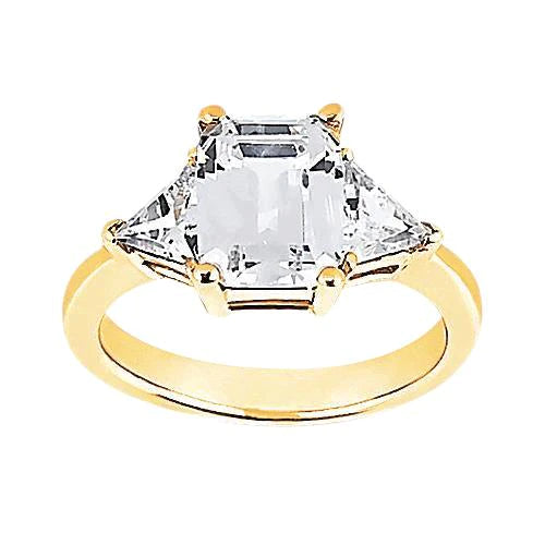 3.51 Carats. Bague Trois Pierres Taille Émeraude Or Jaune Gros Réel Diamants Nouveau