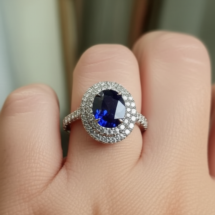 4.25 Carats Solitaire Avec Accent Saphir Diamants Bague Or Blanc