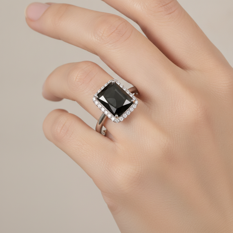 Bijoux en Diamant Noir - Bague Halo Radiant Véritable 3,5 Carats en Or Blanc 14K