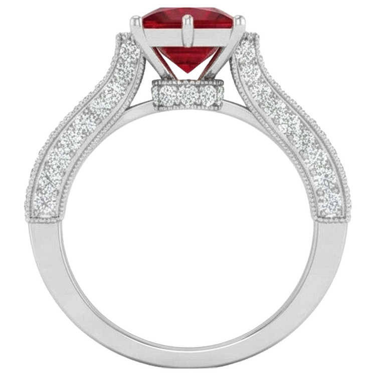 4.35 carats taille princesse rubis avec diamants ronds bague en or blanc