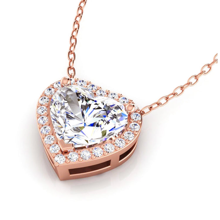 4 Carats Forme de Coeur Halo Réel Diamant Slide Pendentif Or Rose 14K