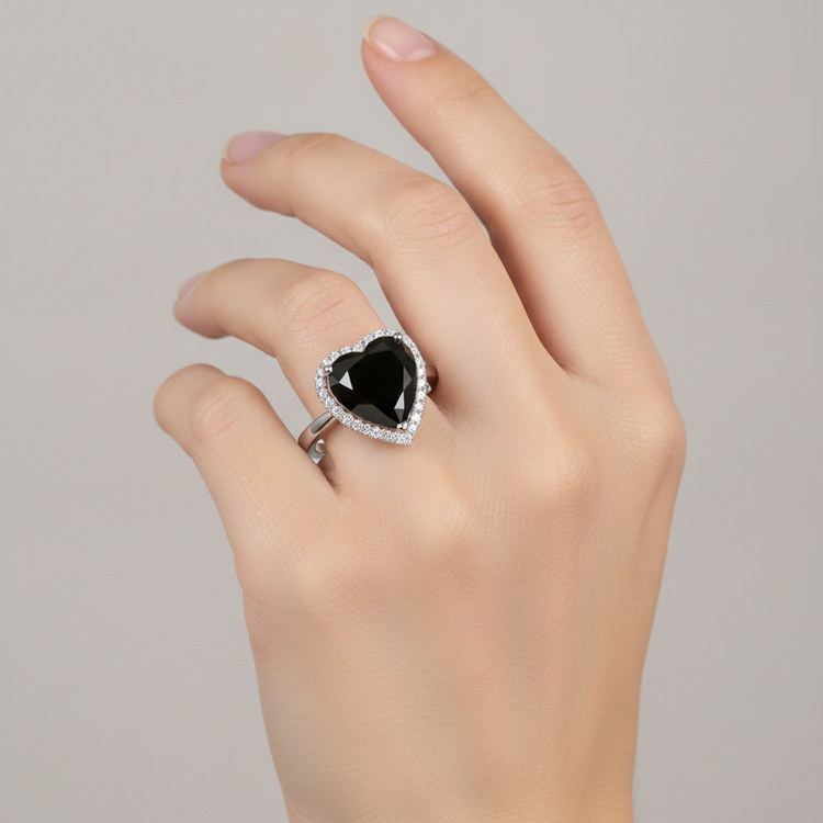 Bague de mariage halo cœur en diamant noir véritable 9 carats en or blanc 14 carats