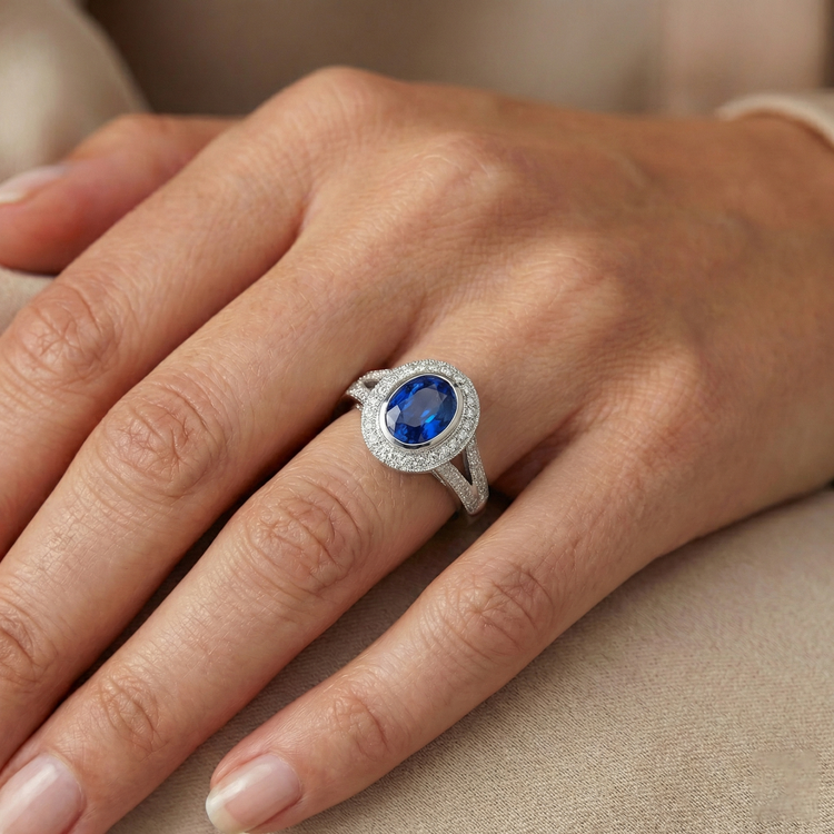 4.60 Carats Sri Lanka Saphir Bleu & Diamants Naturels Extraits des Mines ( et non cultivés en laboratoire ) Alliance