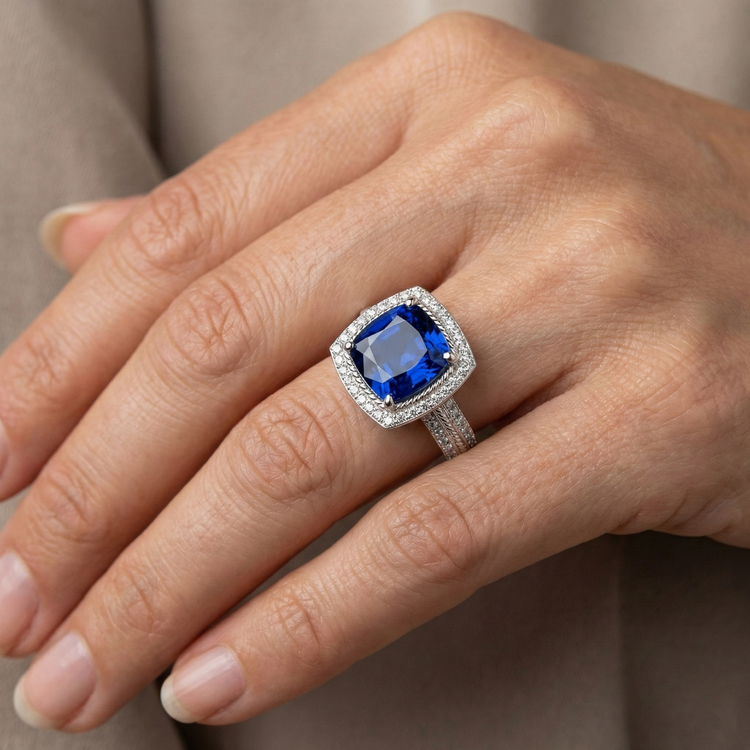 4.75 Carats Coussin Et Bague Anniversaire Saphir Rond Et Diamant Naturels Extraits des Mines ( et non cultivés en laboratoire )