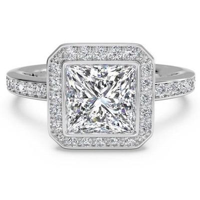 4.01 Ct. Bague Halo Princesse Et Réel Diamant Rond 14K WG Avec Diamants
