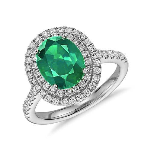 4.35 Carats Emeraude Vert Avec Diamants Bague Double Halo Or Blanc 14K