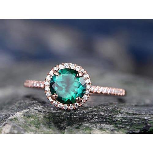 4.40 carats de forme ronde émeraude Vert avec bague en diamant en or rose 14K