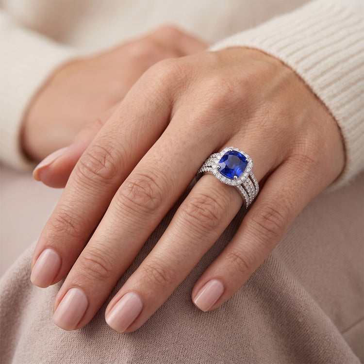 5.80 Ct Prong Ceylan Bleu Saphir Diamants Naturels Extraits des Mines ( et non cultivés en laboratoire ) Bague Fantaisie Or Blanc 14K