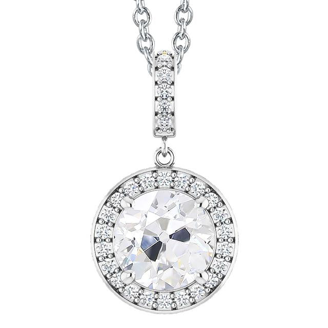 5 Carats Halo Réel Diamant Pendentif Rond ancienne mine Cut Or Blanc 14K