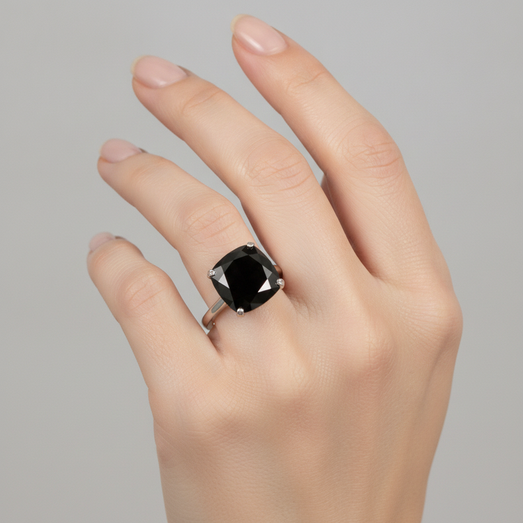 Bague de Fiançailles Solitaire Diamant Noir Véritable Taille Coussin 5 Carats Anneau Fil de Couteau en Or Blanc 14 Carats