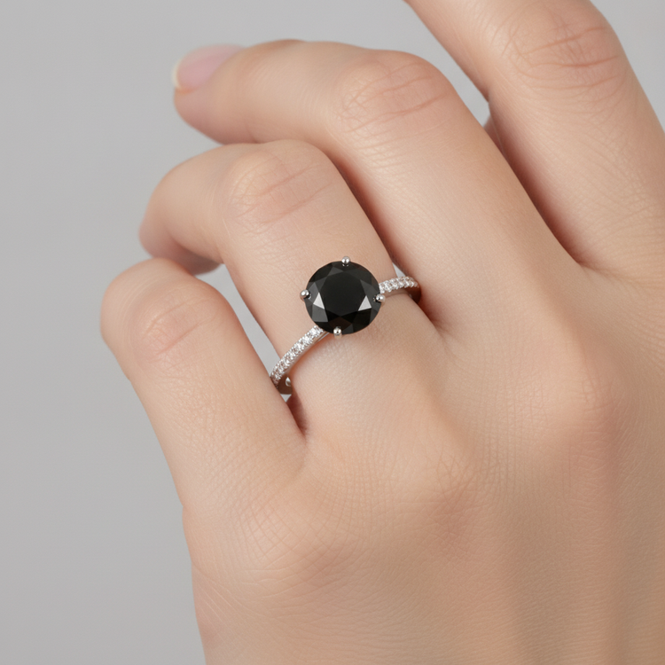 Bague de fiançailles solitaire diamant noir naturel rond pavé 5 carats en Or Blanc 14 carats