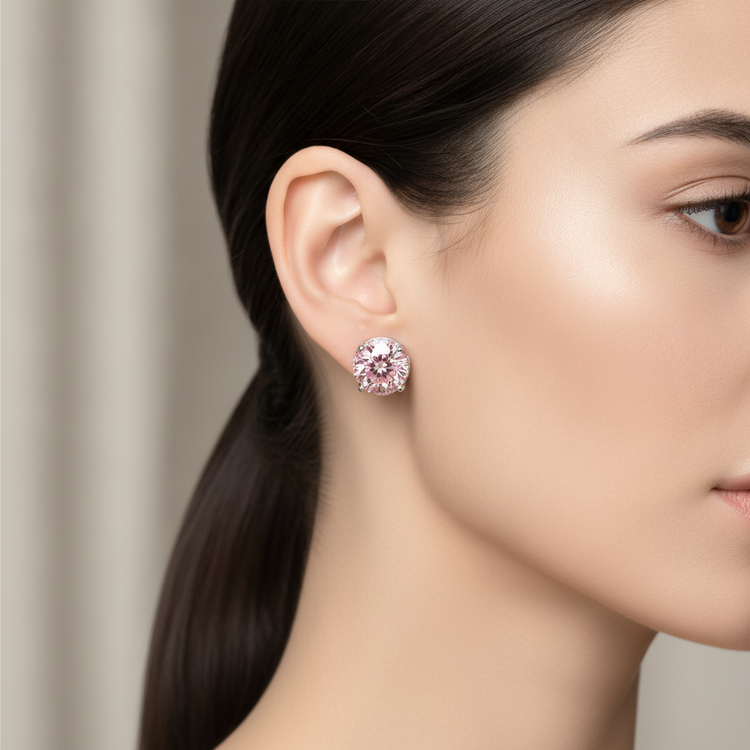 Boucles d'oreilles en Or Blanc 14 carats avec diamants roses de laboratoire 5 carats taille ronde et halo caché