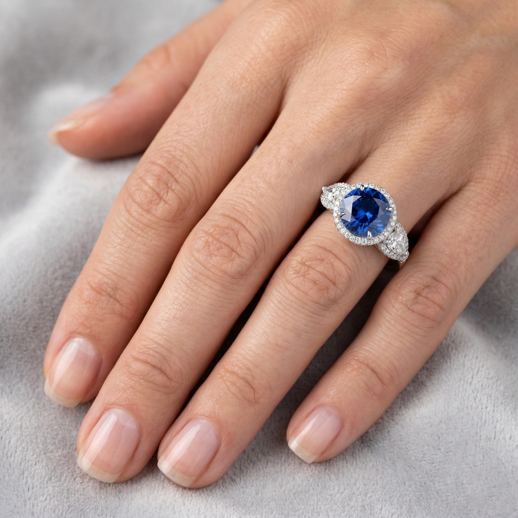 5.30 Ct Poire Et Diamants Naturels Extraits des Mines ( et non cultivés en laboratoire ) Ronds Ceylan Saphir Bague Or Blanc 14K